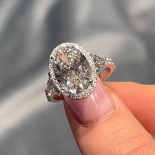 3.30Ctw Oval Cut VVS1 Moissanite Bridal Halo Wedding Ring 14K White Gold Plated