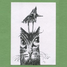ACEO art card original pen and ink drawing pop surreal Ink Cat 30 Tim Olly