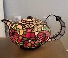 Large 12"  Vintage Tiffany Style Accent Lamp, Teapot Poinsettia Tea Kettle
