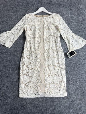 Julian Taylor Lace Dress Sheath Size 8 Ivory Floral Wedding Coctail Party N178