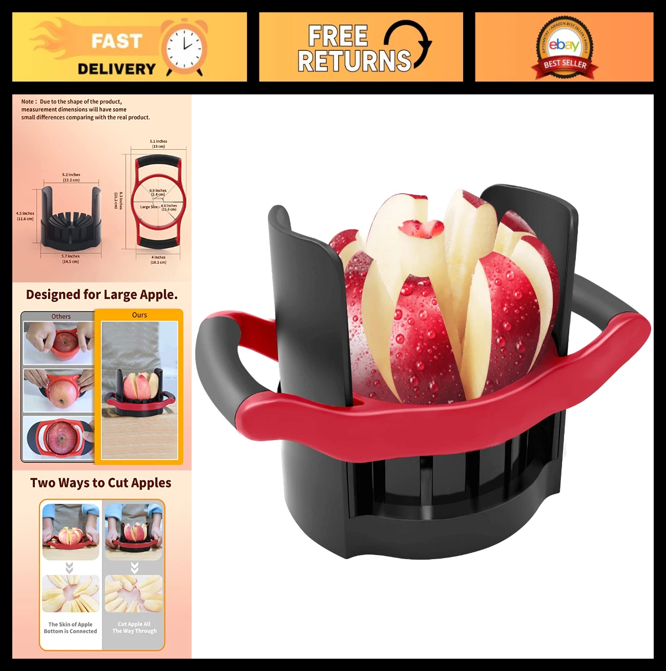 Large 8-Blade Apple Slicer Corer - Heavy Duty Stainless Steel Cutter, Fruit Divi