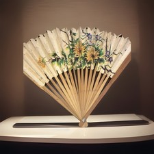 Vintage Japenese Folding Hand Fans Fold Up 1940-1950s Green Floral Read