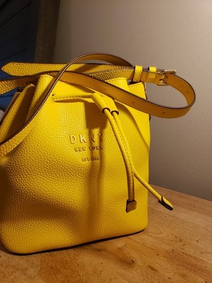 DKNY Pebbled Leather Bucket Drawstring Shoulder Bag Yellow Gold Hardware