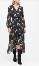 Banana Republic Floral Wrap Dress Black Long Sleeve Ruffle High Low Midi Sz 10P