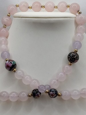 Vintage Lavender Jade Jadeite Pink Rose Quartz Cloisonné Necklace Chinese Export