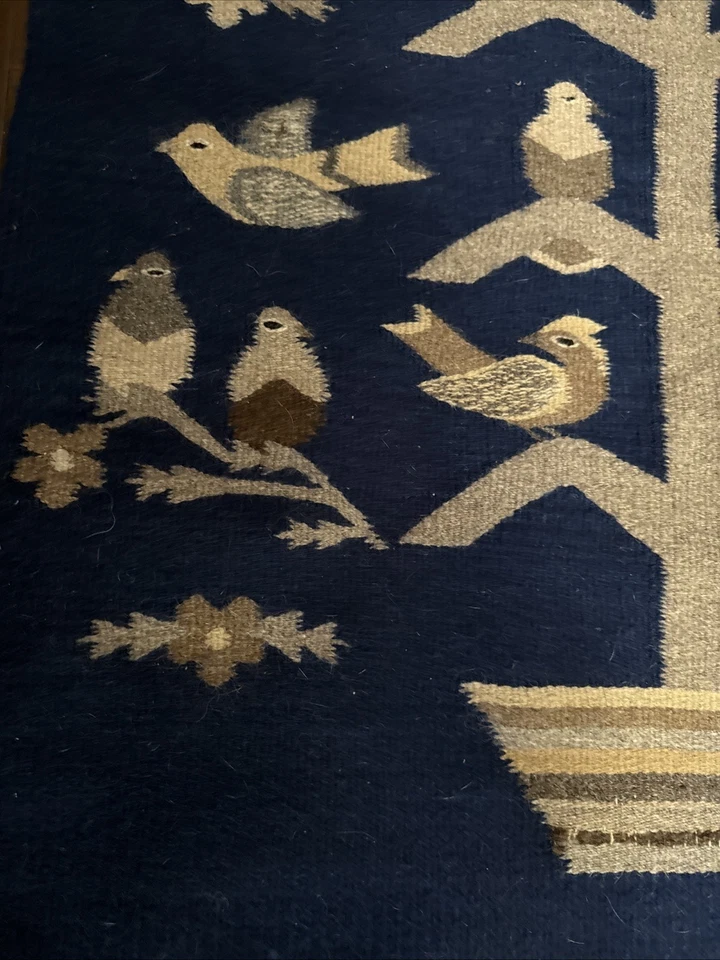 Vintage Hand Woven  Pictorial Wall Hanging Wool Tapestry Kilim Rug Tree Birds - Image 3 of 4