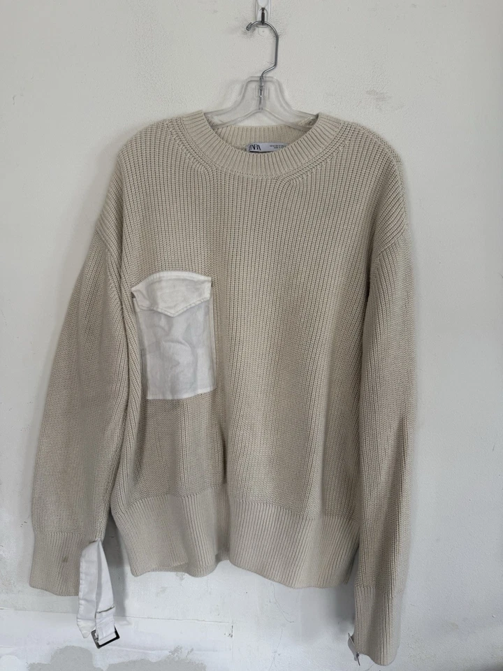 Zara Womens Oversized Cream Knit Pullover Sweater, Wrist Detail, Size Medium  - Image 3 of 4