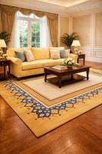 Luxury Hand Tufted Cream  Gold Rug   Blue Floral Border Design Area Rug Carpet.