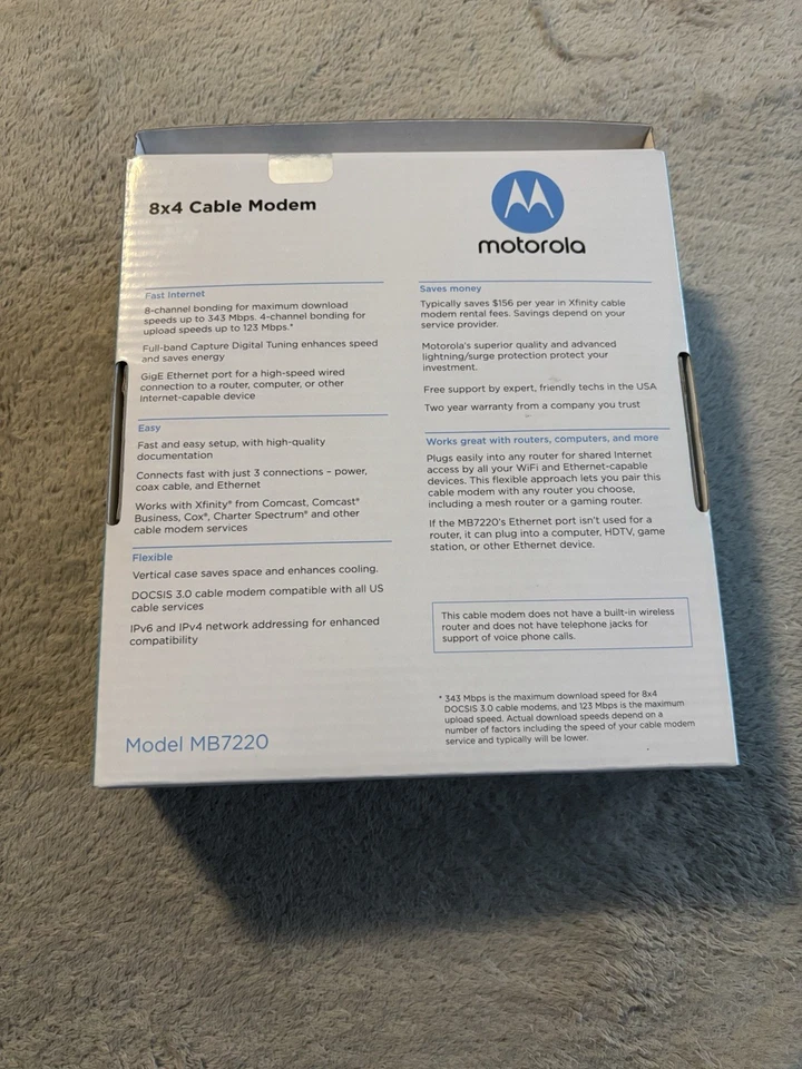 Motorola 8x4 Cable Modem Model MB7220, 343 Mbps DOCSIS 3.0 - Image 2 of 4
