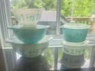 Turquoise Amish Butterprint Pyrex Cinderella Mixing Bowls & Casserole with lids