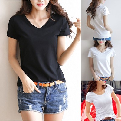 Damen Basic T-Shirt Einfarbig Uni Oberteil Kurzarm Rundhals oder V-Ausschnitt