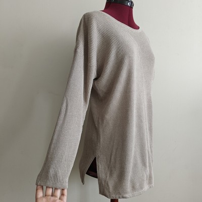 Express Tricot Women's Sweater Vintage Ramie Rib Knit Beige XS Side Slit Fall