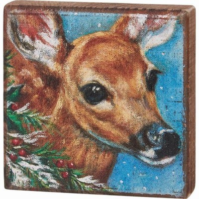 PBK Decorative Wooden Block Sign - Deer In Snowy Woodlands - 4''x4'' NEW