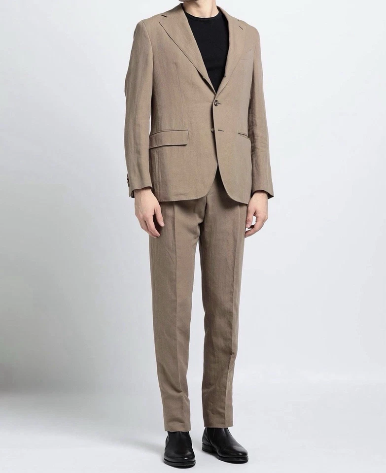 CARUSO Aida Italian Suit 56 IT 46 US Beige Tan Linen Cotton Made in Italy - Image 2 of 4