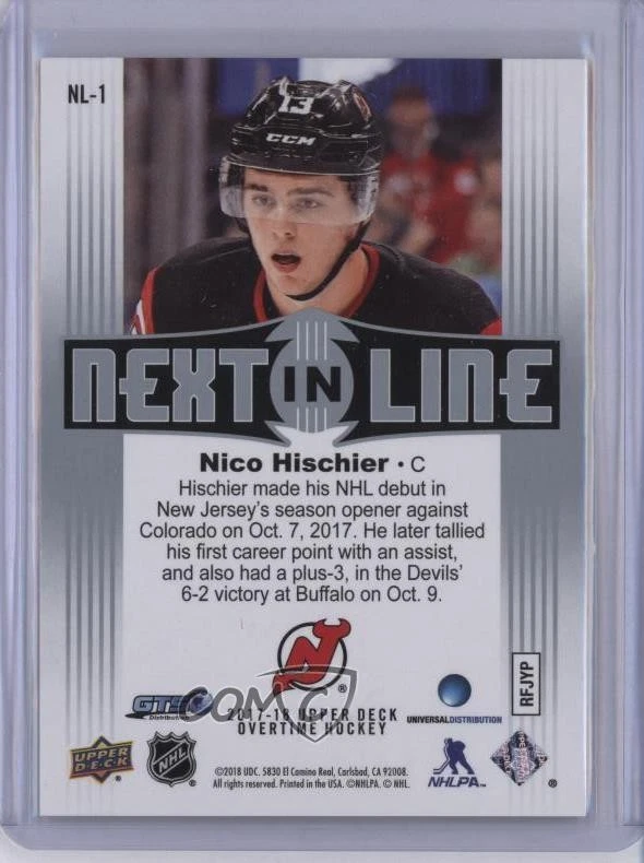 2017-18 Upper Deck Overtime Next in Line Nico Hischier #NL-1 Rookie RC - Image 2 of 2