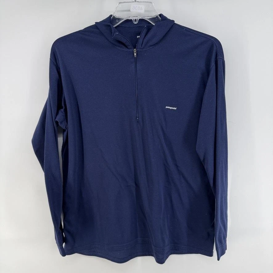 Patagonia Pullover Mens XL Blue Capilene 1/4 Zip Hooded Base Layer Top