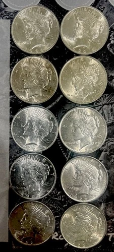 10 PCS, .900% SILVER 1922-P, PEACE DOLLAR, BU UNCIRCULATED SEE PHOTOS.