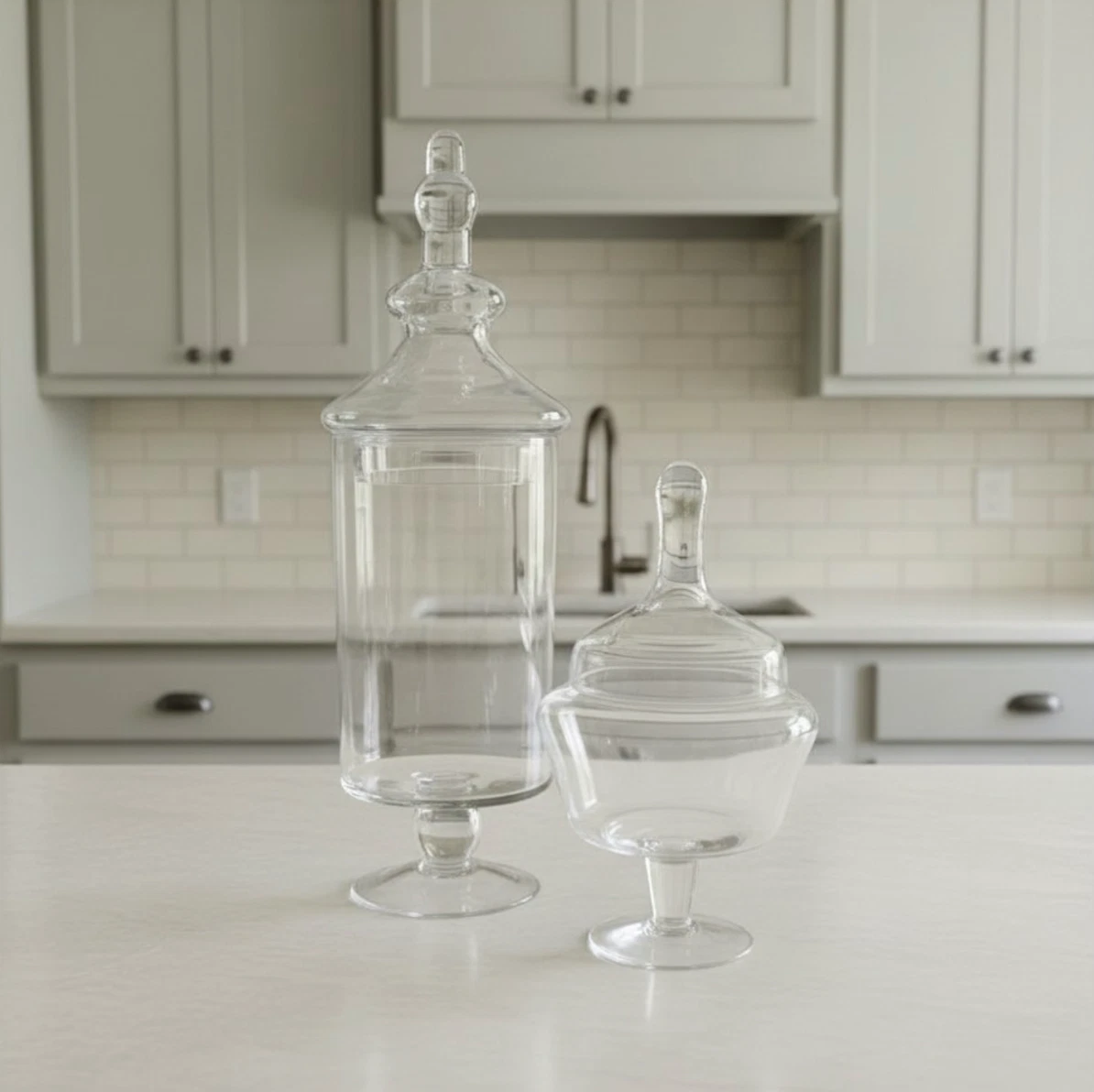 Clear Glass Apothecary Jars Removable Lids 2 Piece Set Hand-blown Glass 19"H