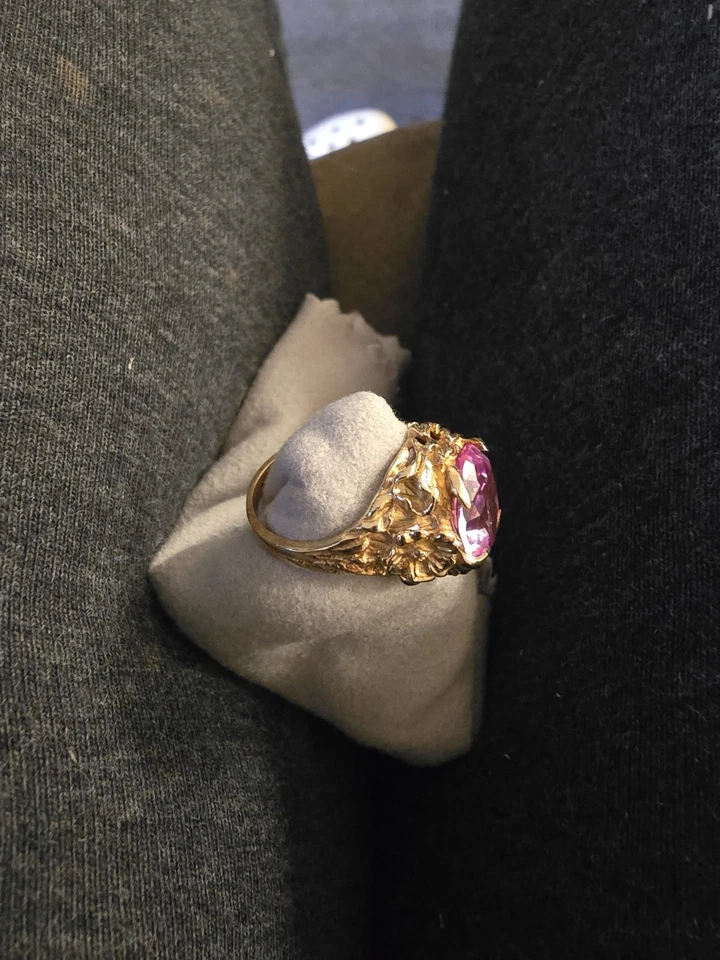 Винтажное помолвочное кольцо из желтого золота 14 карат с розовым топазом - Изображение 2 из 3
