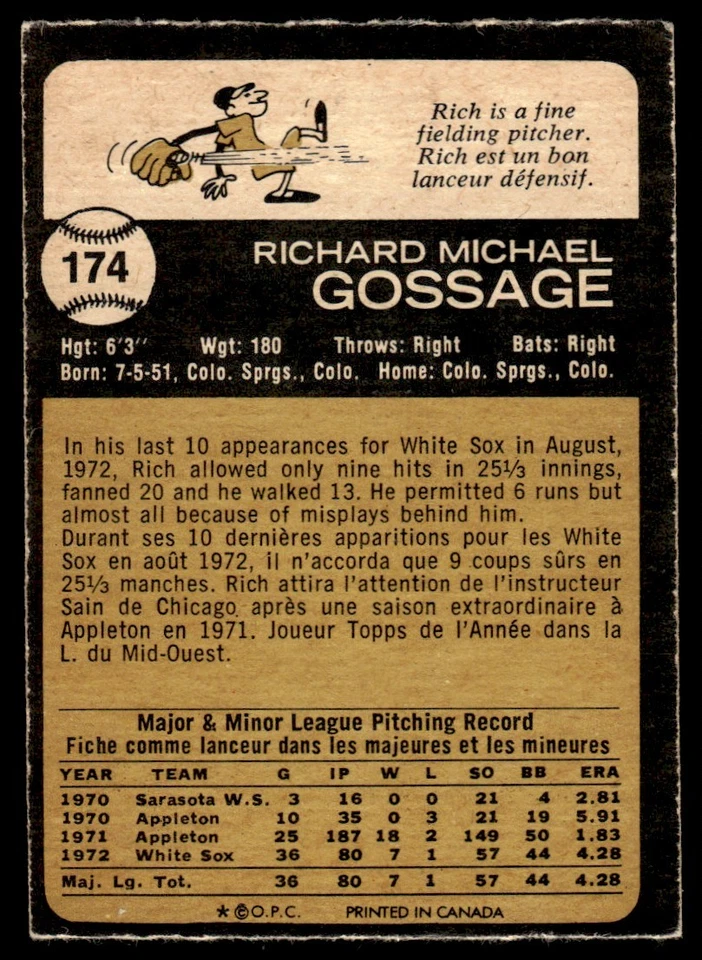 1973 O-Pee-Chee Rich Gossage Rookie Chicago White Sox #174 - Image 2 of 2