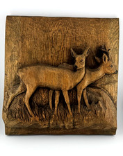 Handgeschnitztes Wandbild - Reh & Rehbock - massiv Holz - Vintage/N015