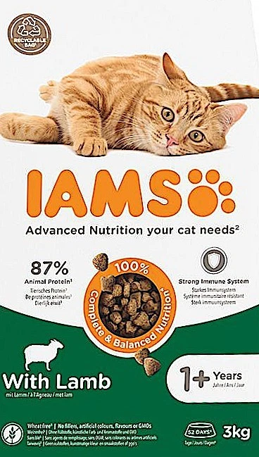 3 kg IAMS mit Lamm (€ 8,40/kg) für ausgewachsene Katzen (Adult 1+)