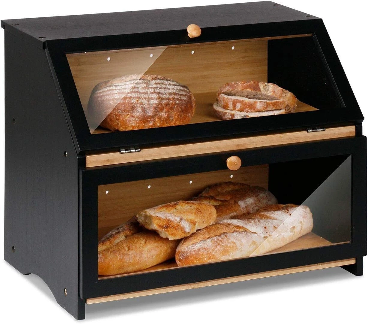 Double Layer Large Bread Box for Kitchen Counter Wooden Large Bread Storage Bin