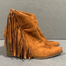 Fringe Ankle Boots for Women Size 8 Brown Faux Suede Zip Back Heel Booties