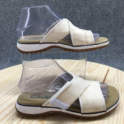 Clarks Sandals Womens 7 M Slide White Canvas Slip On Hook And Loop Open Toe