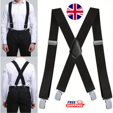 35mm Unisex Mens Men Braces Plain Black Wide  Heavy Duty Suspenders Adjustable