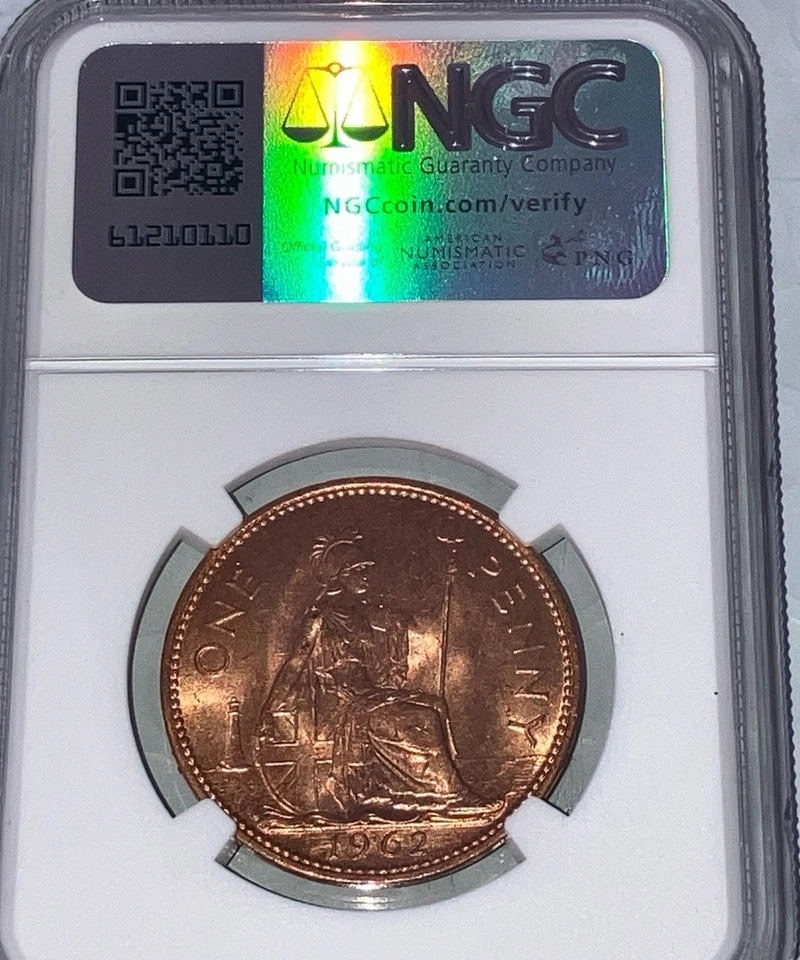 Moneda de 1 centavo de Gran Bretaña 1962 Reina Isabel II NGC BU - genuina Foto 2 de 2