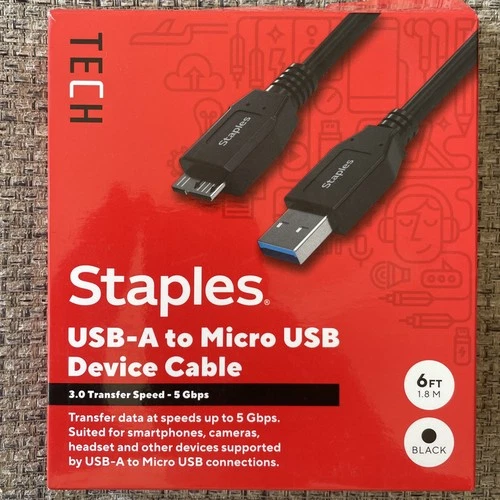 Staples TECH 6 ft. USB-A to Micro USB Type B Cable Male to Male Black (ST62441)