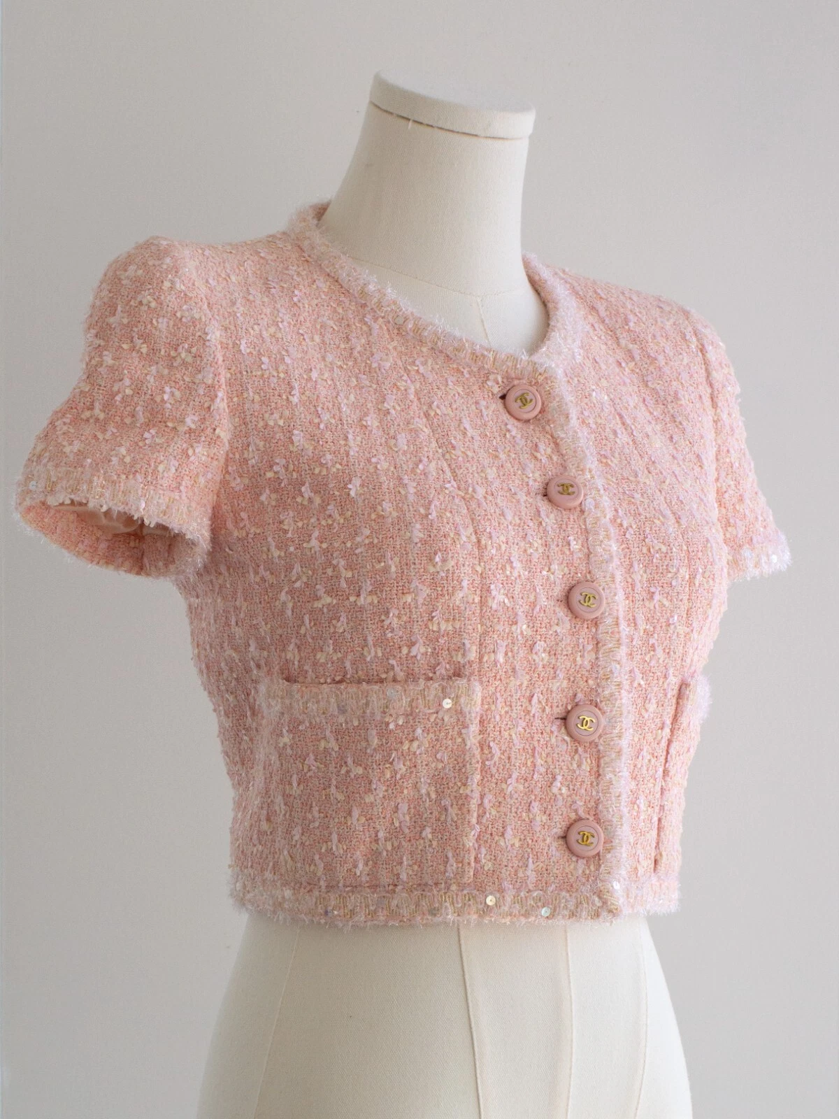 Chanel Vintage S S 1995 Barbie Rosa Pastello Tweed 95P Giacca Ritagliata