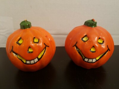 Vintage 1970s- 80s Halloween Pumpkin Jack o Lantern Candles Set of 2  Unused 4'' 