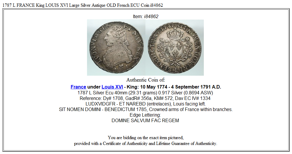 仏；ルイ16世、エキュ、大型銀貨、1778年、牛、Rare 仏；ルイ16世、エキュ、大型銀貨、1778年、牛、Rare Louis Xvi
