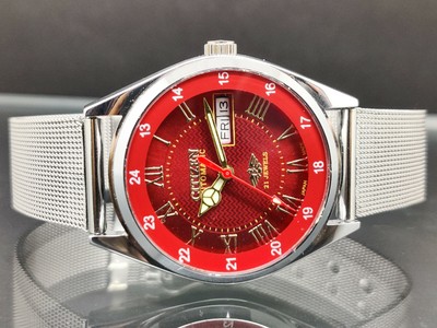 Citizen Automatico Uomo Acciaio Rosso Quadrante Vintage Japan Fatto Orologio  Run | eBay