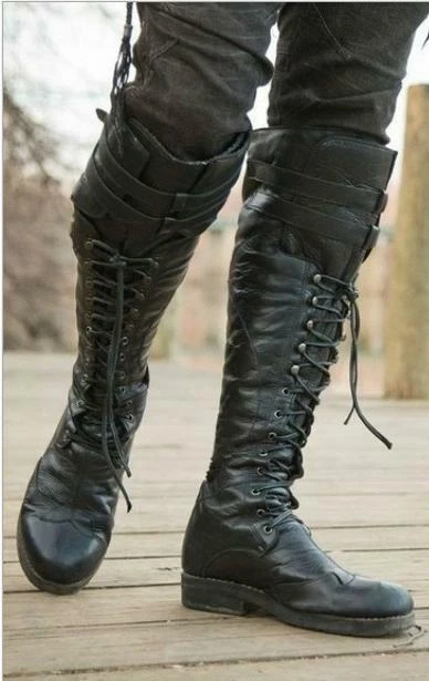 Men's Punk Lace Up Knee High Boots Knight Riding Boots Flat Faux Pu Casual Shoes - Image 4 of 4