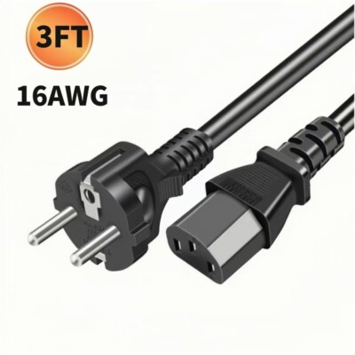 Black 3Ft 16AWG European Schuko Power Cord CEE 7/7 to IEC 320 C13, 10A/250V