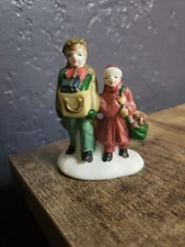 Christmas Village Figure, Kids with Gifts, Family in Snow, Winter