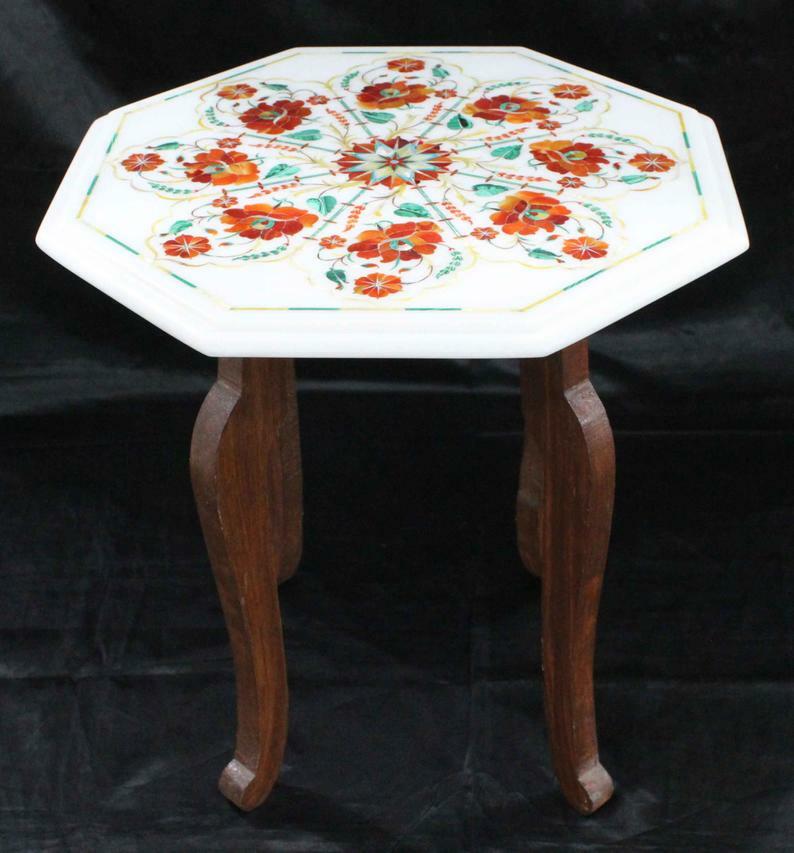 18-inch Marble Corner Table with Floral Inlay Semi-Precious Stones & Wooden Stand