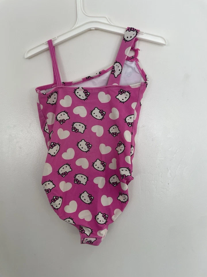 Antiguo traje de baño azul marino coleccionable Hello Kitty niños niñas estampado de corazón 1 pieza rosa XS Foto 4 de 4