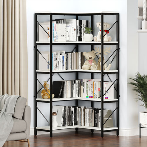 5 Tier Bookcase Etagere Bookshelf L-Shaped Corner Display Rack Storage Shelves
