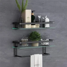 Glass Bathroom Shelf with Towel Bar, 2-Tier Wall Organizer (Black)