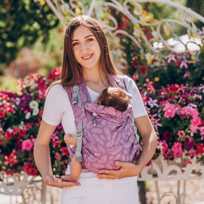 Baby wrap mei tai baby carrier Pink Feathers organic cotton. Ergonomic mei tai