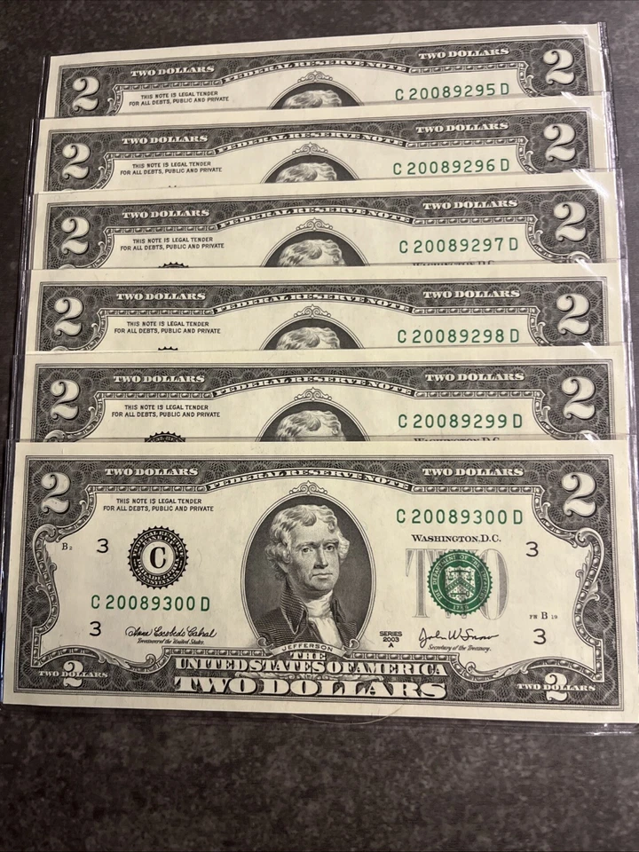 2003 A Six Consec SN 2008 Year Notes $2 UNC Notes Philadelphia District OGP - Image 4 of 4