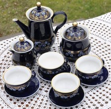 Cobalt Blue Pottery Tea Set Teapot Sugar Creamer Cups Saucers 14 piece