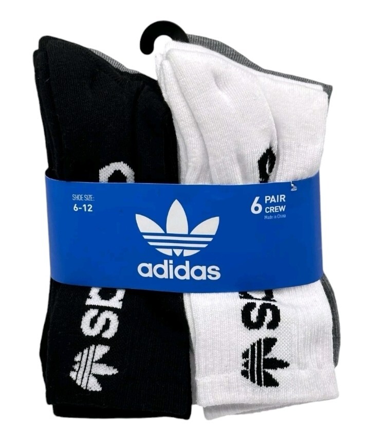 Adidas Crew Socks 6 Pairs Logo Black Grey White Mens Size 6-12-image