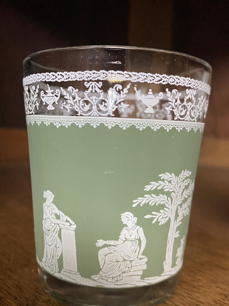 Vintage Jeanette Hellenic Grecian Green Juice Lowball Shot Glasses X 7