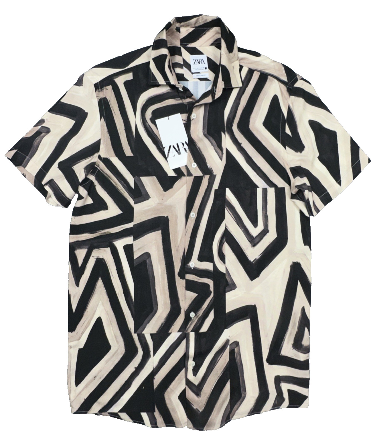 Zara Mens Geometric Abstract Print Shirt Small Regular Fit Beige Brown Black NWT