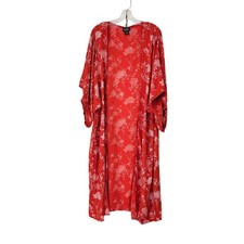 Angie Red Floral Print Kimono With Crochet Trimmed Sleeves - Women's Medium Open